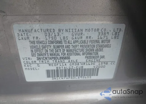 2013 Nissan Versa 1.6 Sl z USA, uszkodzony, nr VIN 3N1CN7AP8DL895655